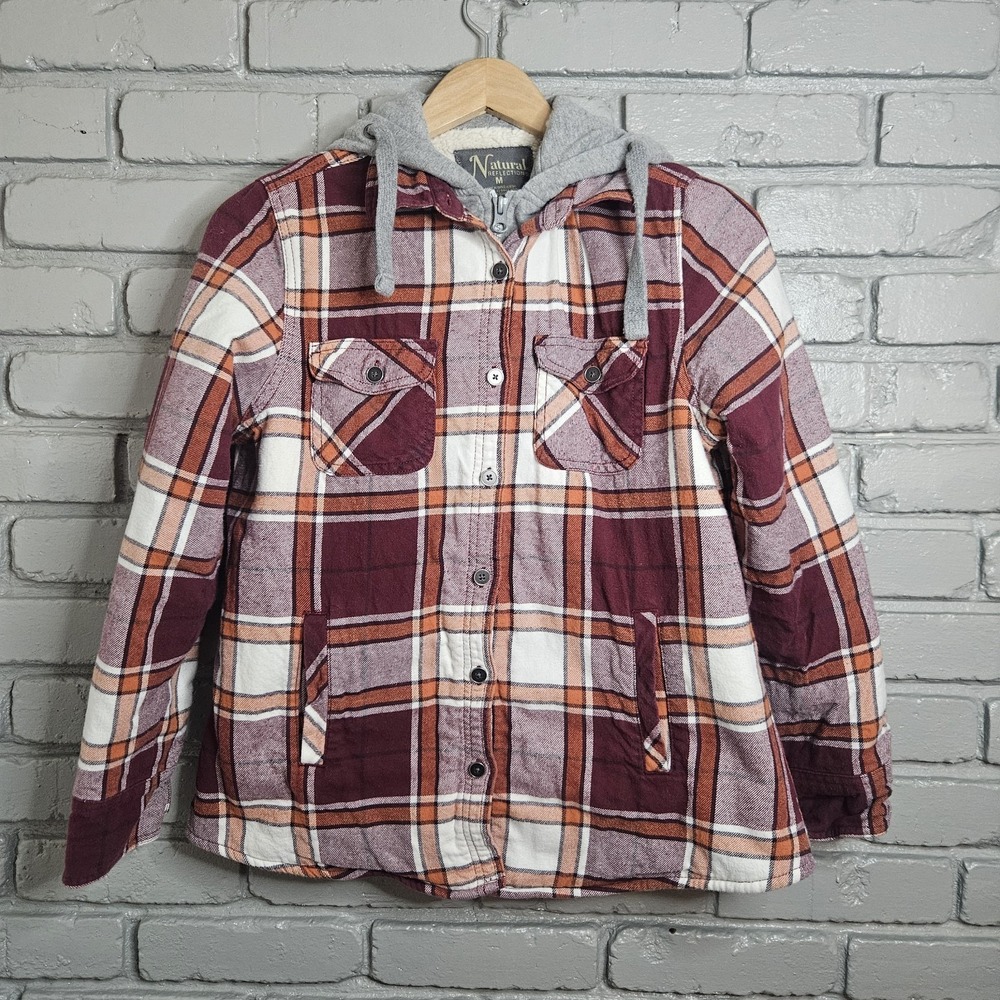 Natural Reflections Womens Flannel‎ Hooded Shirt Shacket M Sherpa Lined Gorpcore